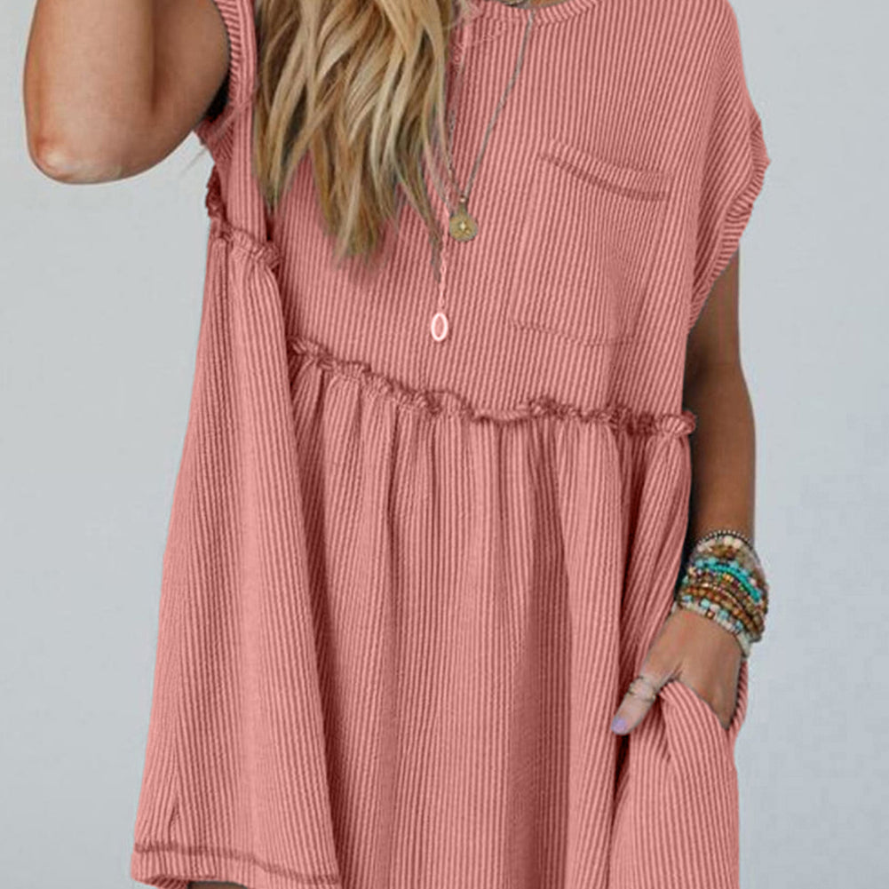 Dusty Pink Corded Knit Textured Patched Pocket Frilled Swing Mini Dress with Pockets