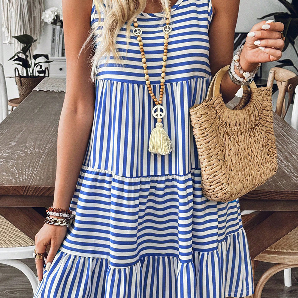 Sky Blue Stripe U Neck Sleeveless Loose Fit Mini Dress