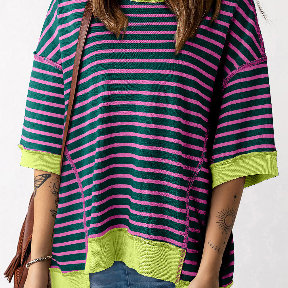Pink Stripe Oversized Contrast Trim Exposed Seam High Low T Shirt