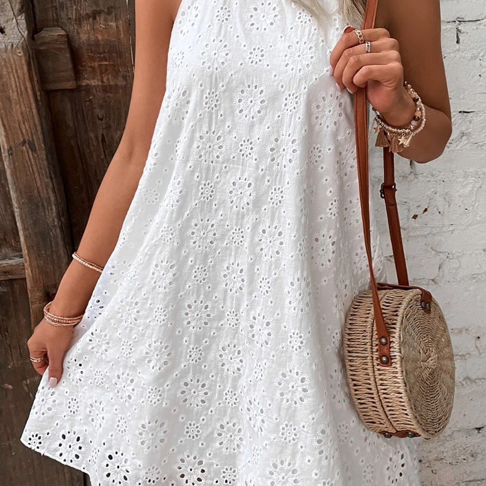 White Boho Eyelet Pattern Halter Neck Sleeveless Dress