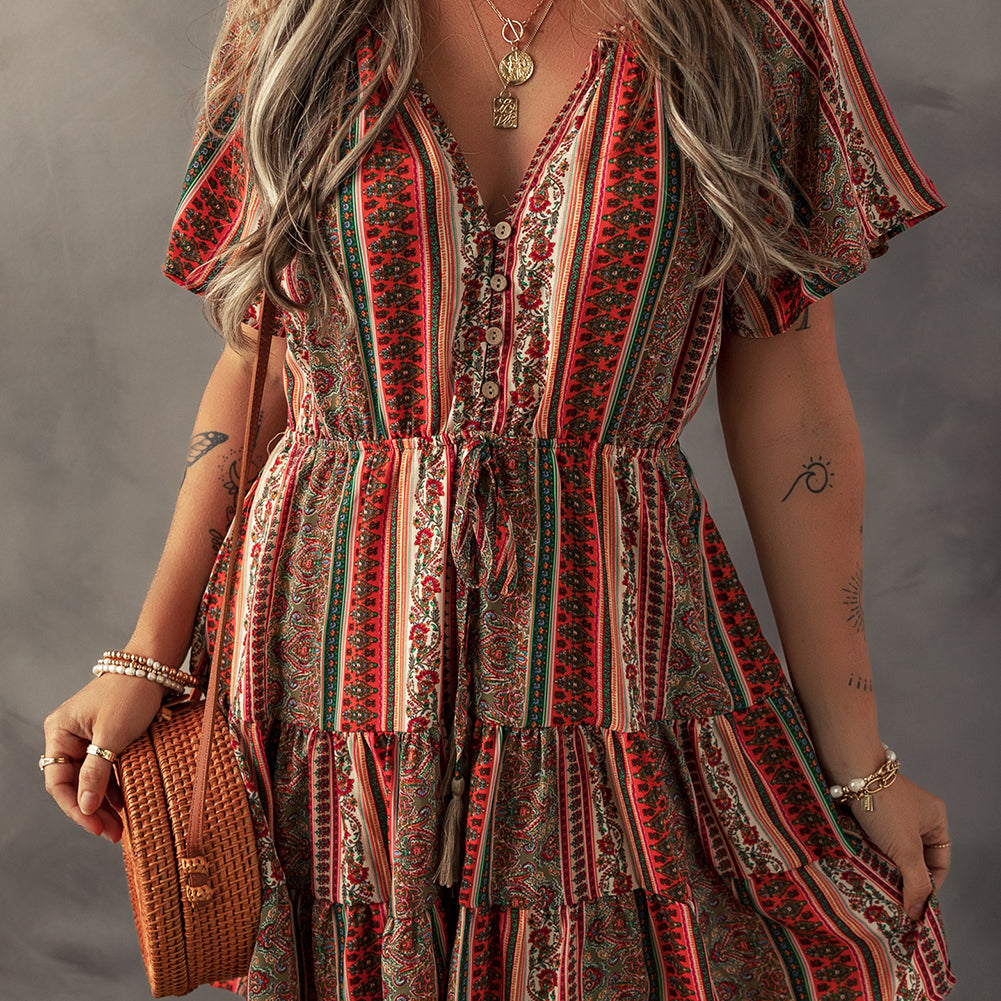 Red Bohemian Floral Print Buttoned V Neck Ruffle Tiered Dress