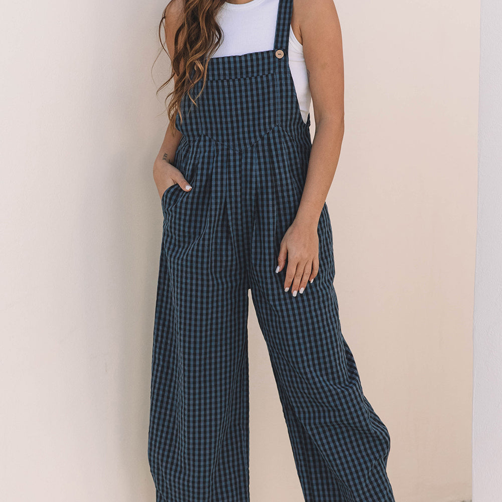 Sail Blue Plaid Print Buttoned Pocketed High Waist Overall
