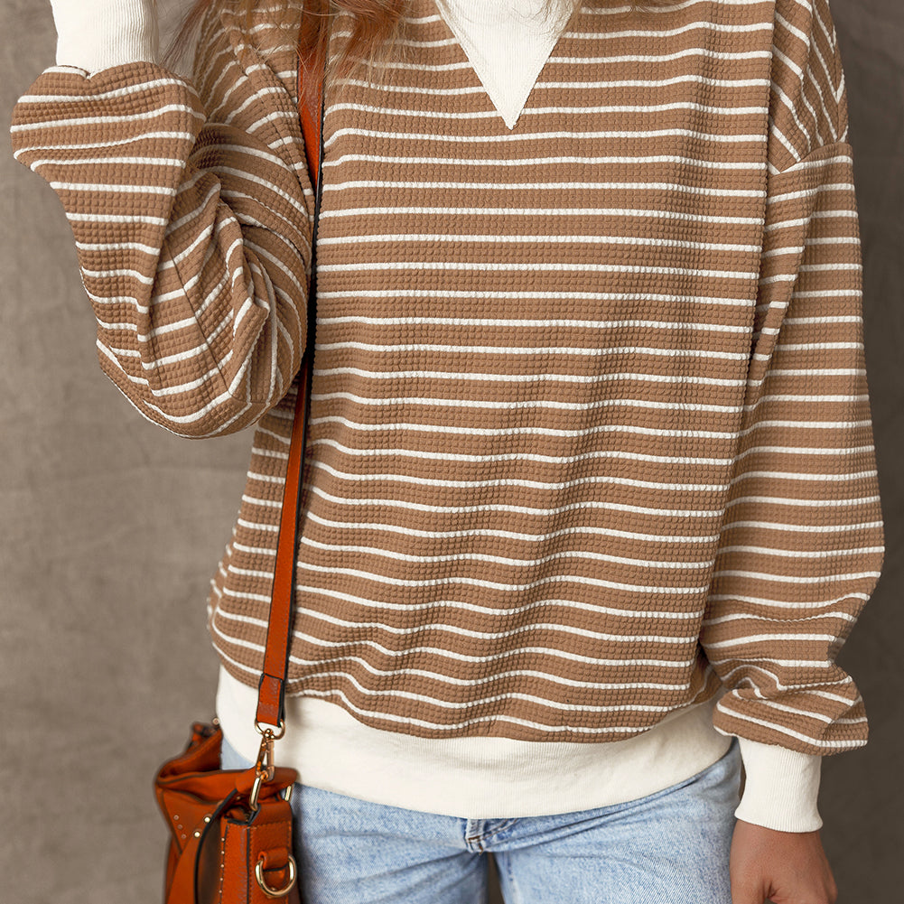Khaki Stripe Patched Edge Textured Round Neck Long Sleeve Top