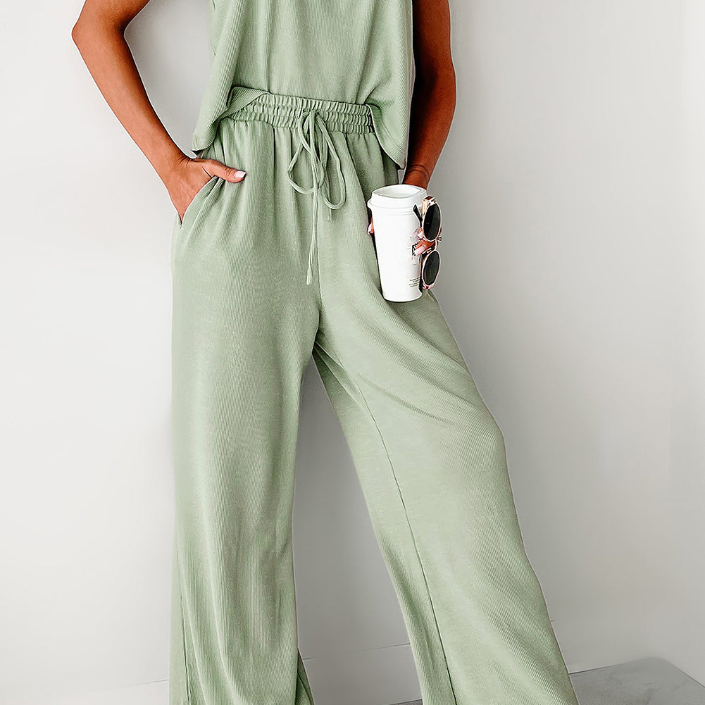 Smoke Green Textured Tank Top and Drawstring High Waist Pants Set