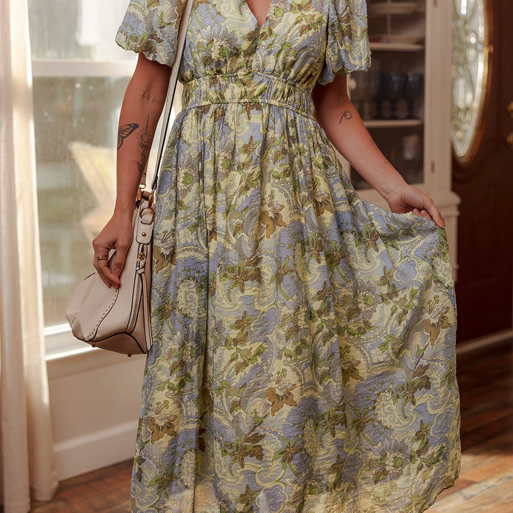 Multicolour Vintage Floral V Neck Short Puff Sleeve Long Dress