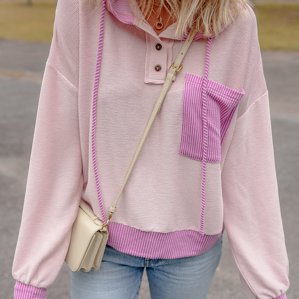 White Corded Colorblock Patch Pocket Drawstring Hooded Top
