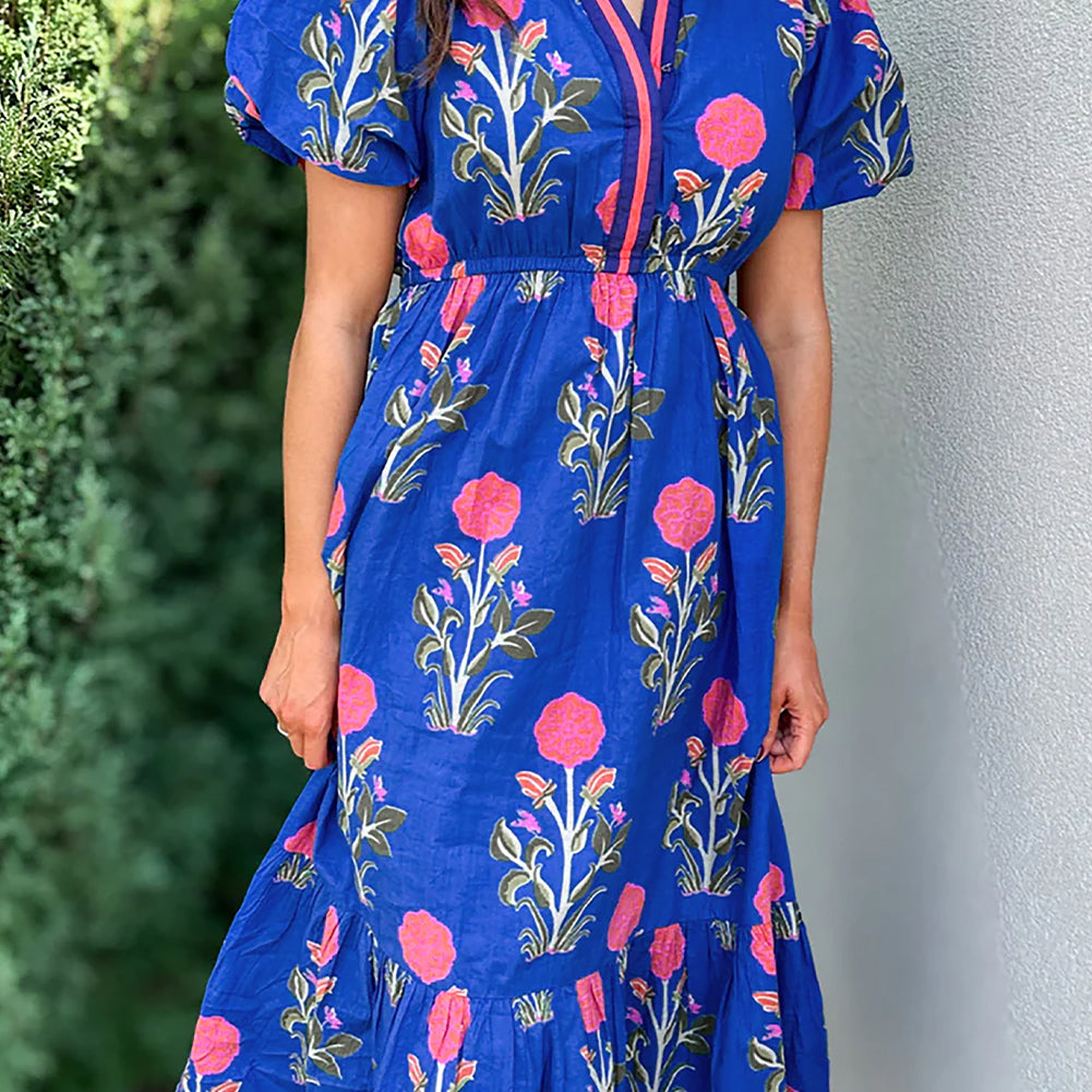 White Floral Puff Short Sleeve V Neck High Waist Maxi Dress