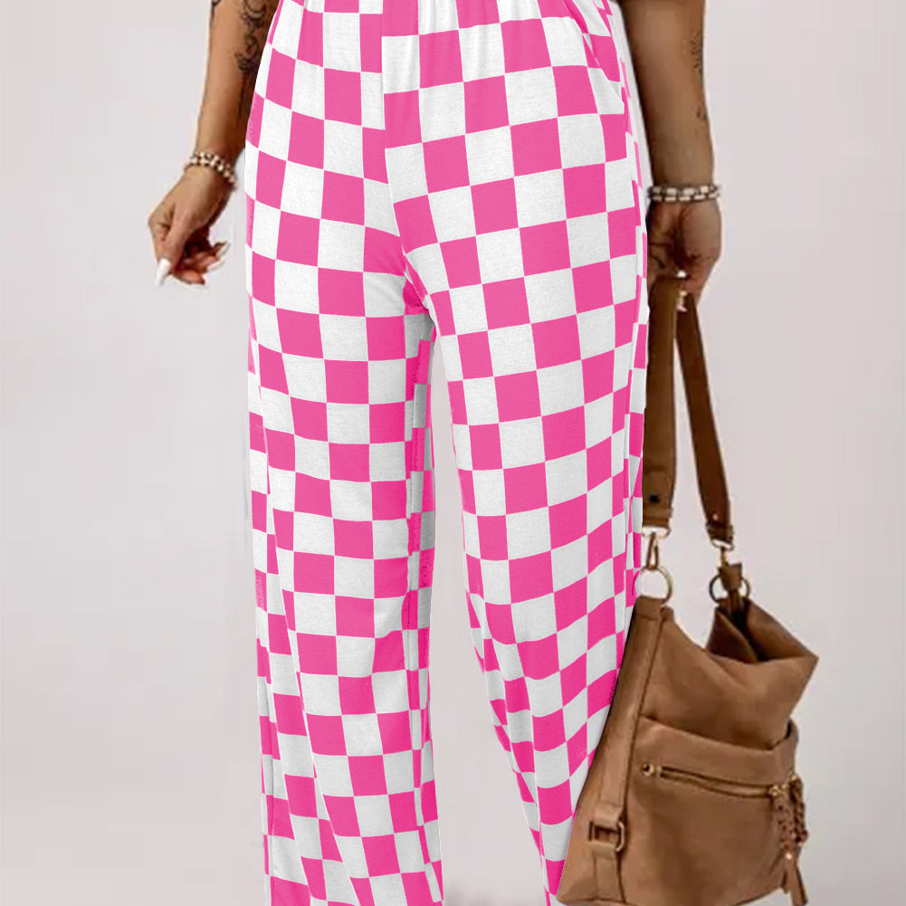 Black 2-Tone Checked Print High Waist Wide Leg Pants