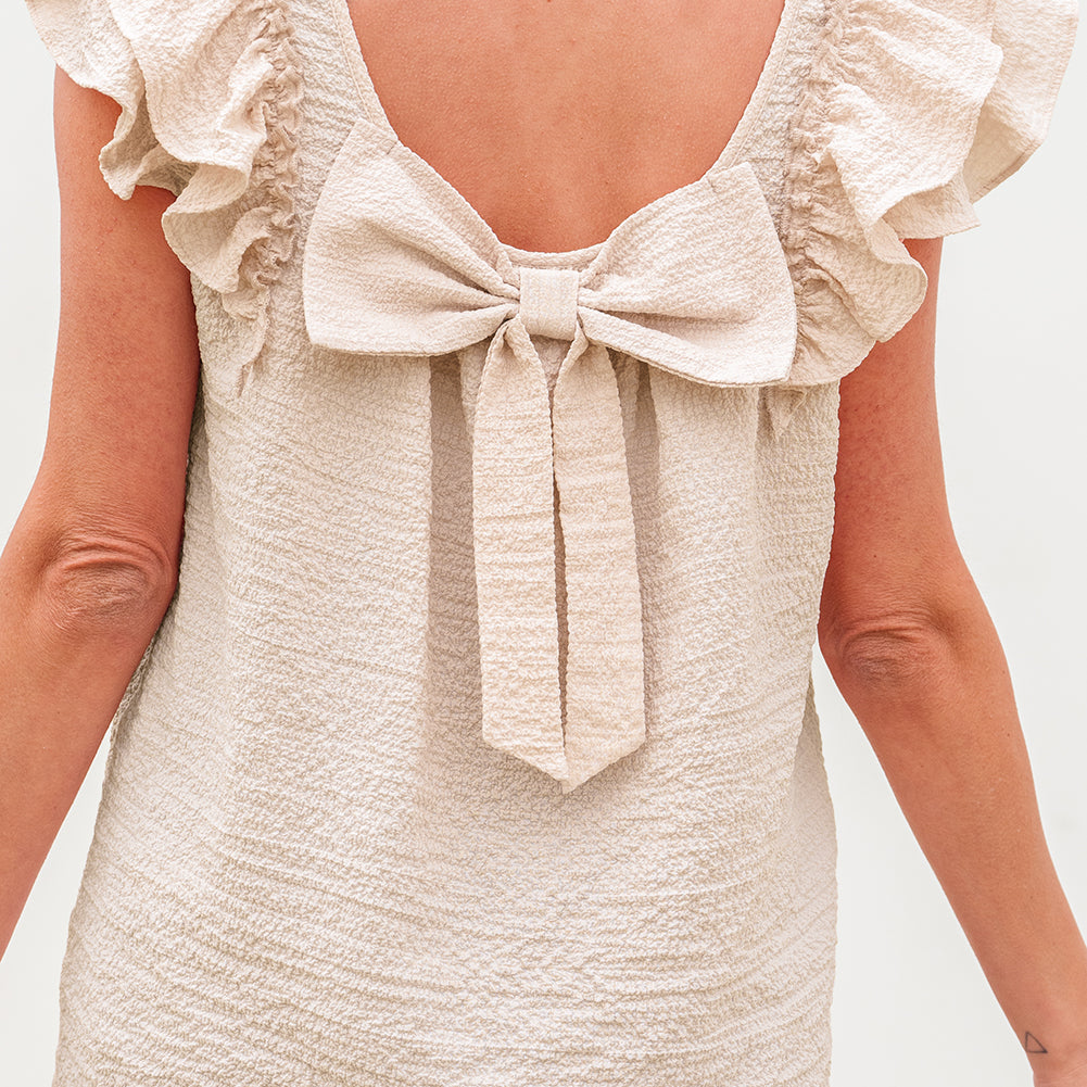 Gossamer Pink Textured Bow Knot Frilled Butterfly Sleeve Blouse