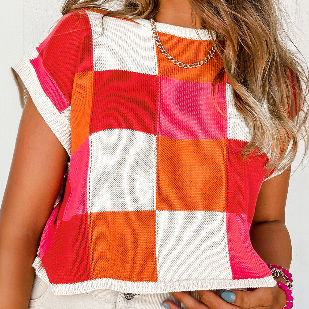 Grapefruit Orange Color Block Cap Sleeve Sweater