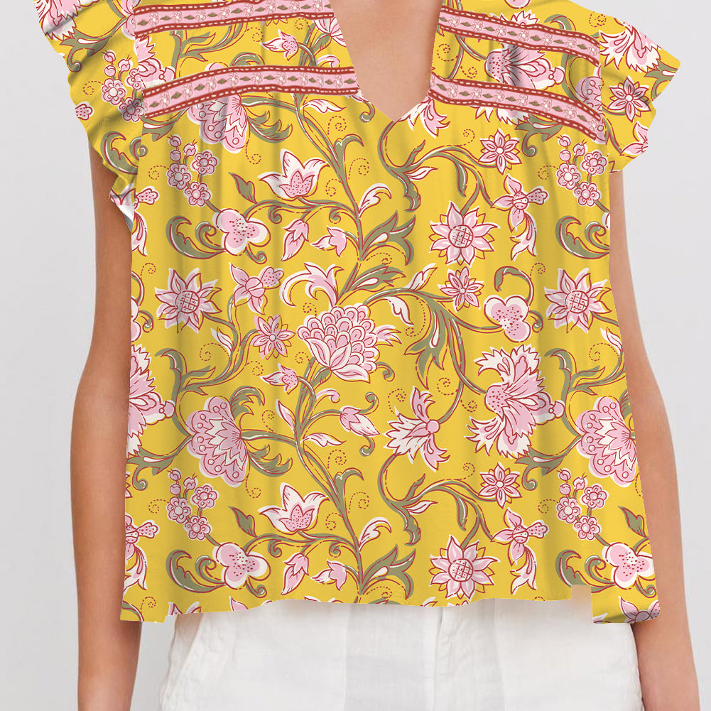 Yellow Floral Notched Neck Ruffled Sleeve Casual Blouse