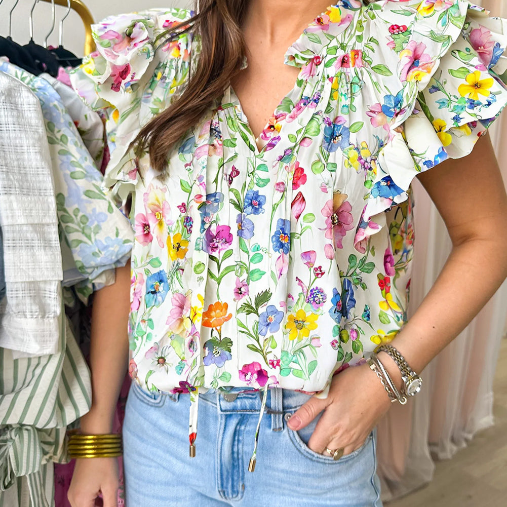 White Floral Print Ruffle Tiered Sleeve Split V Neck Blouse