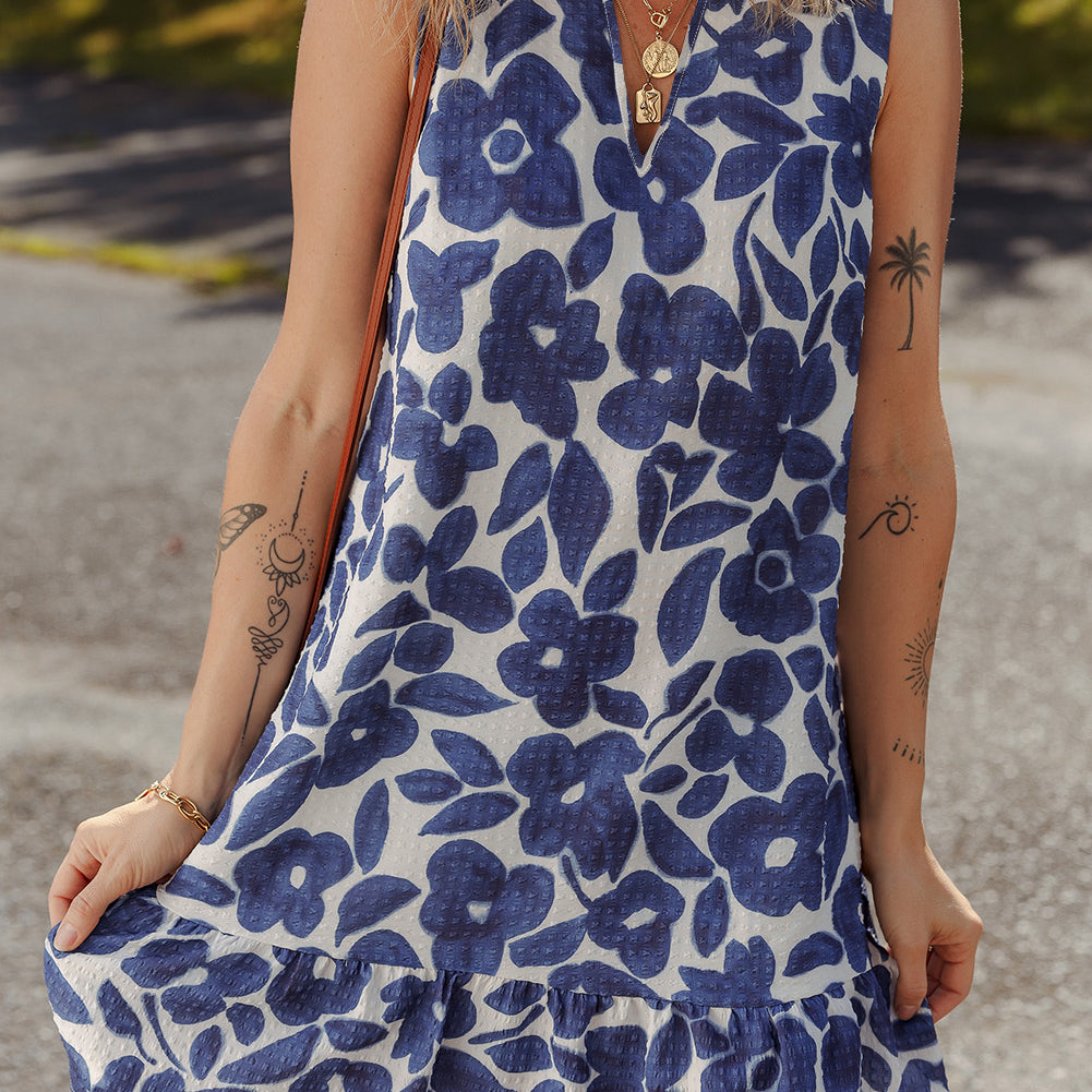 Blue Floral Sleeveless Colorblock Notched V Neck Mini Dress