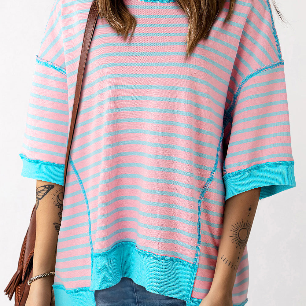 Pink Stripe Oversized Contrast Trim Exposed Seam High Low T Shirt