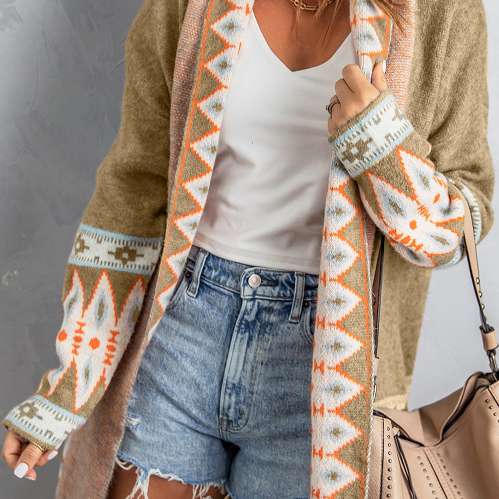 Khaki Aztec Print Open Front Knitted Cardigan