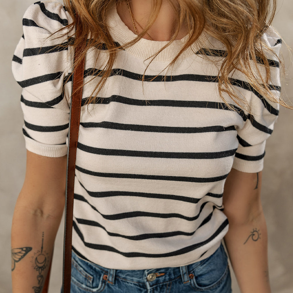 Black Stripe Ribbed Trim Round Neck Bubble Sleeve Knitted Top