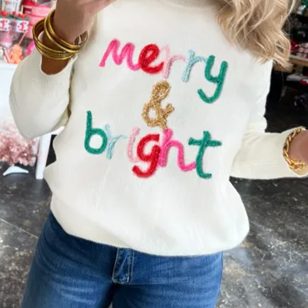 White Merry & Bright Round Neck Casual Sweater