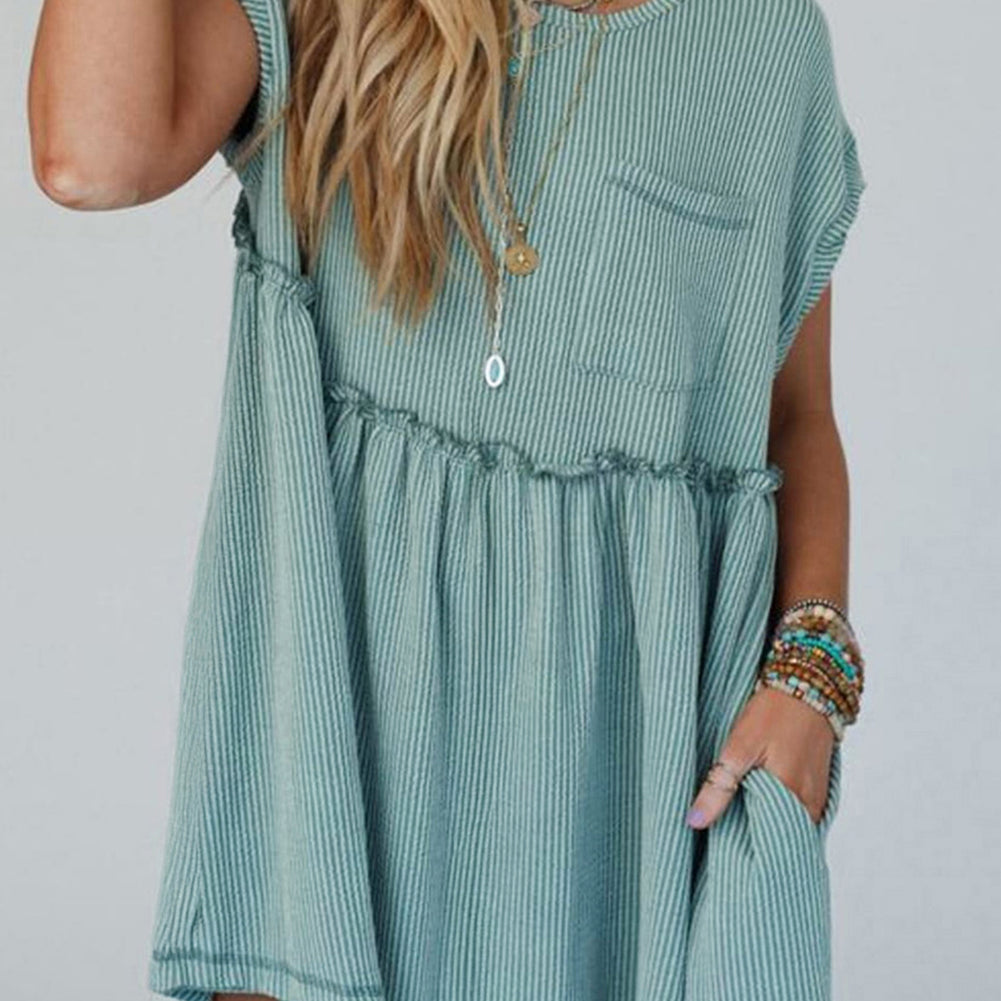 Dusty Pink Corded Knit Textured Patched Pocket Frilled Swing Mini Dress with Pockets