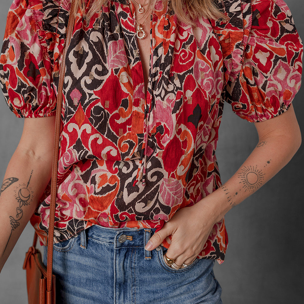 Red Ethnic Print Split Neck Short Puff Sleeve Blouse