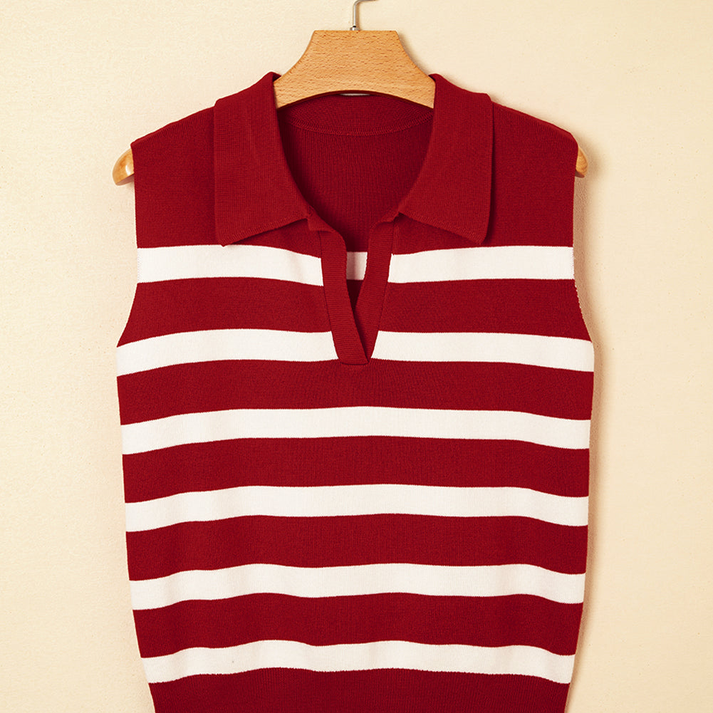 Red Stripe Collared Split Neck Sweater Vest