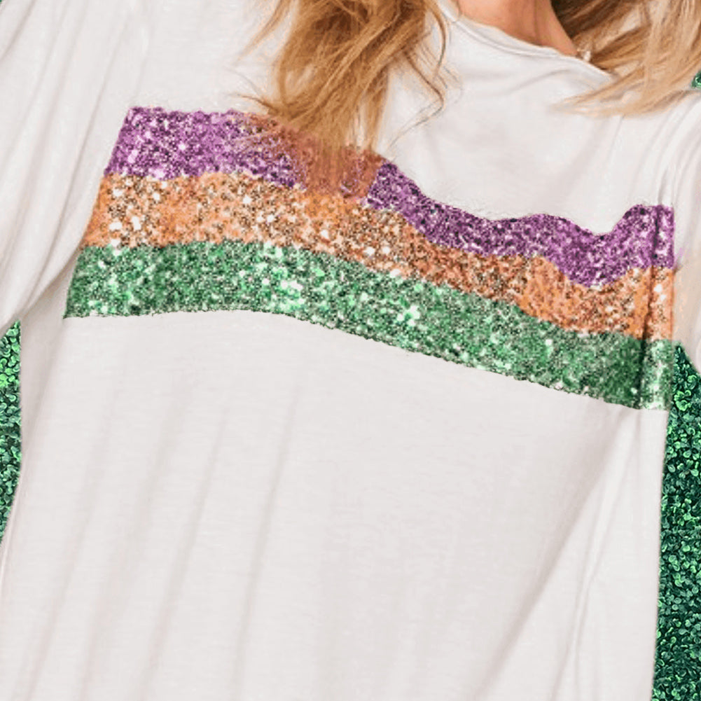 Black Sequin Stripes Patchwork Mardi Gras Crew Neck T Shirt
