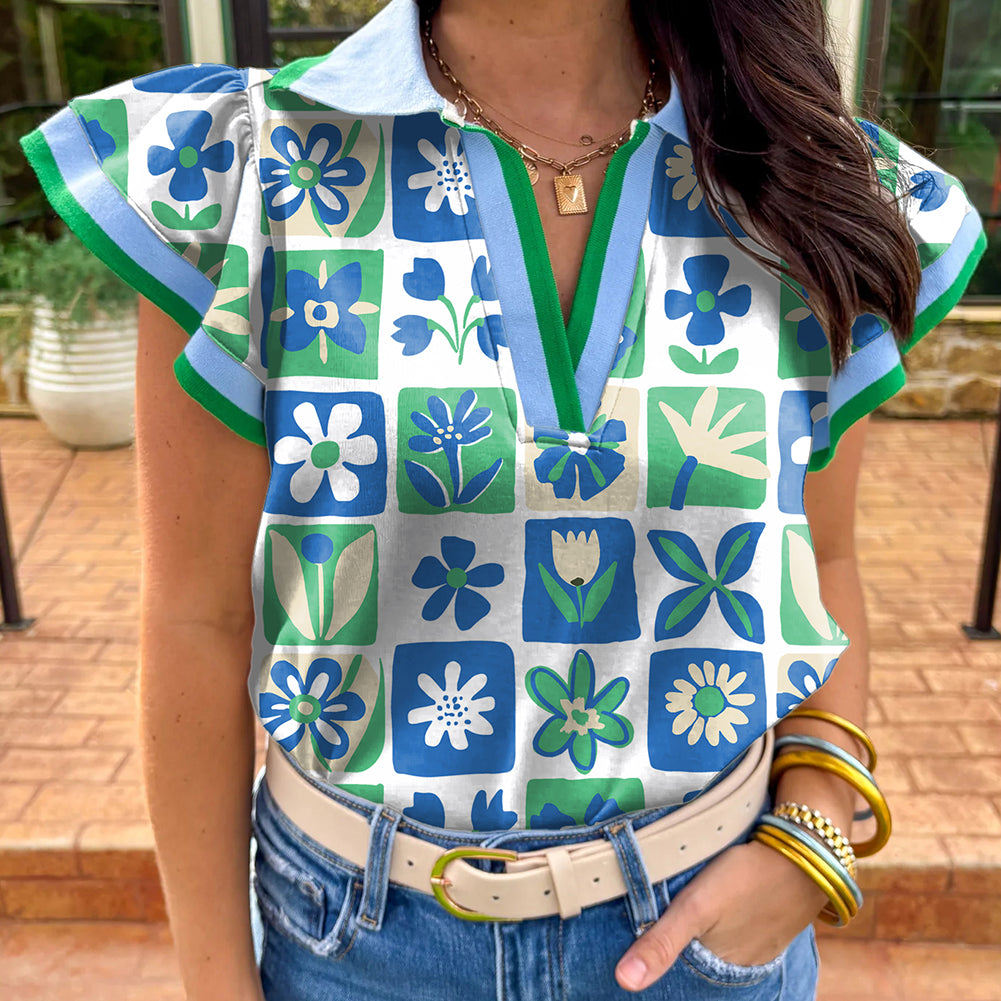 Green Floral Plaid Colorblock Trim Collar Flutter Sleeve Blouse