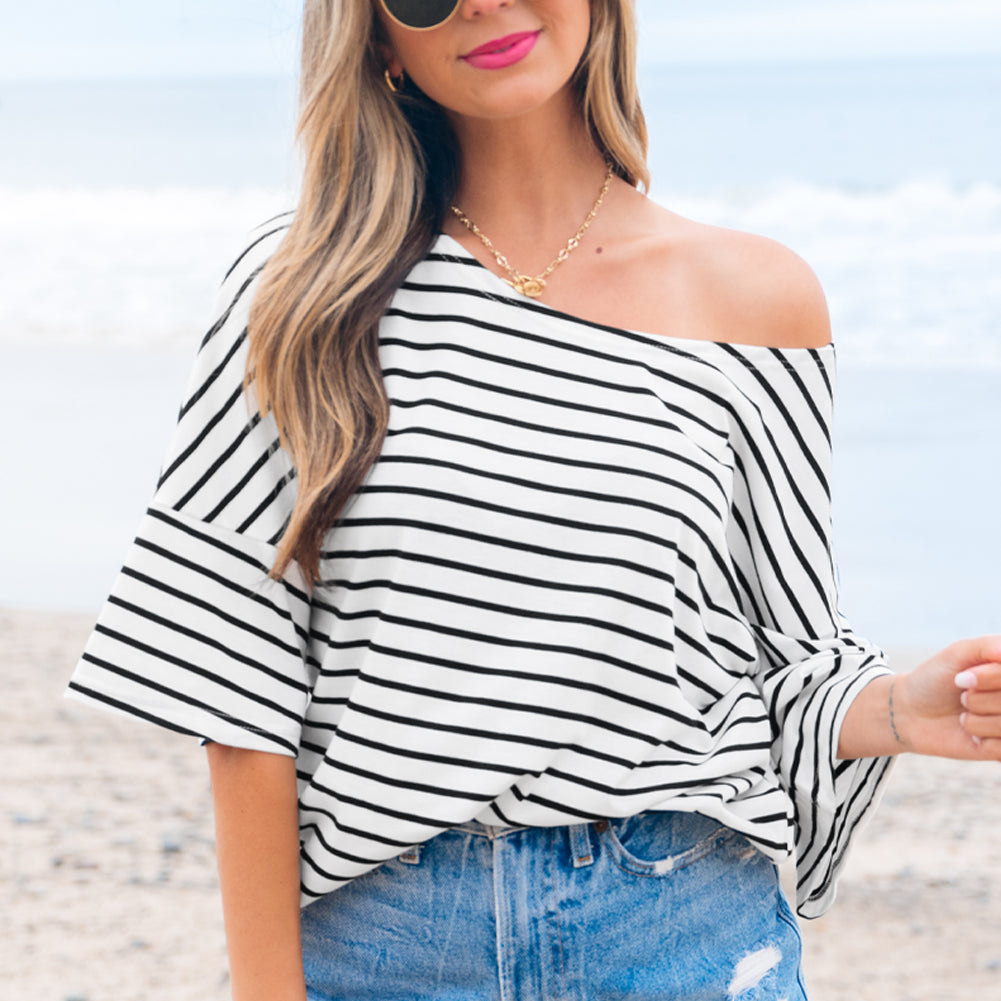 Black Stripe Half Sleeve Scoop Neck Loose Top