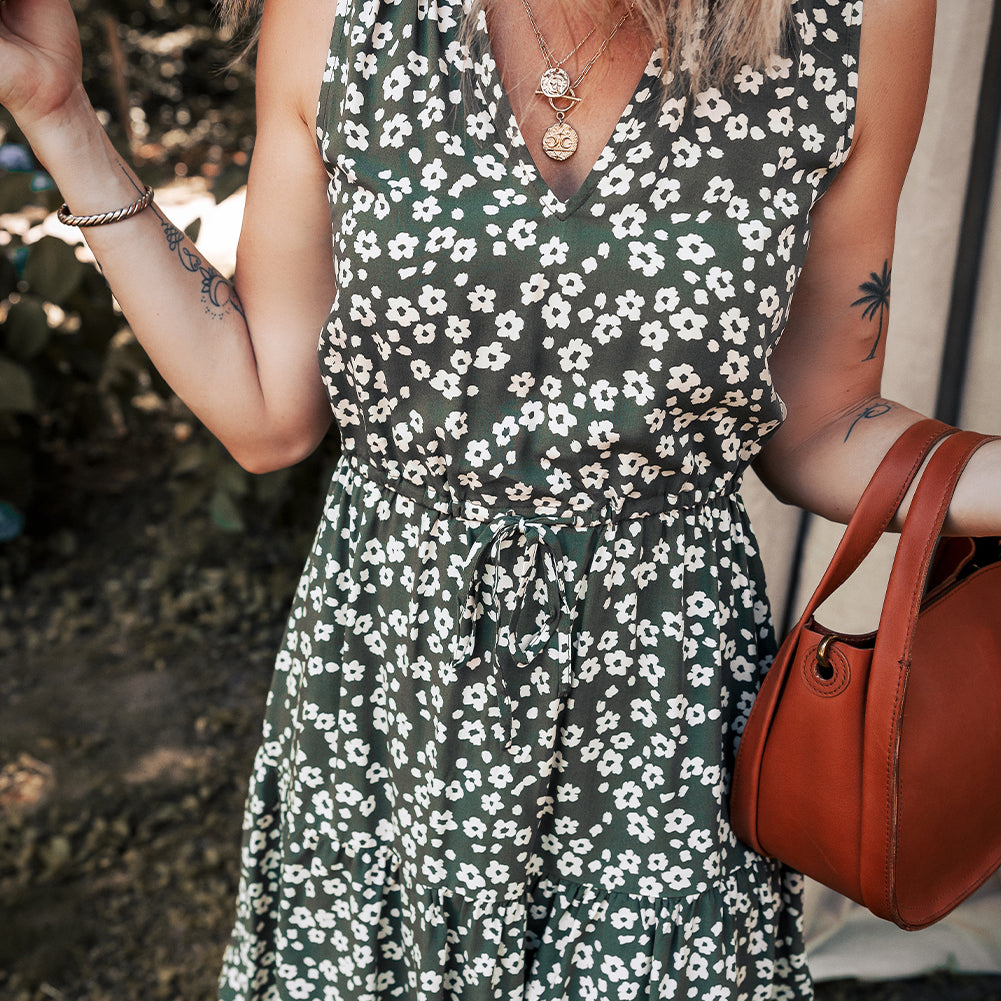 Green Boho Floral Print V Neck Tunic Sleeveless Dress