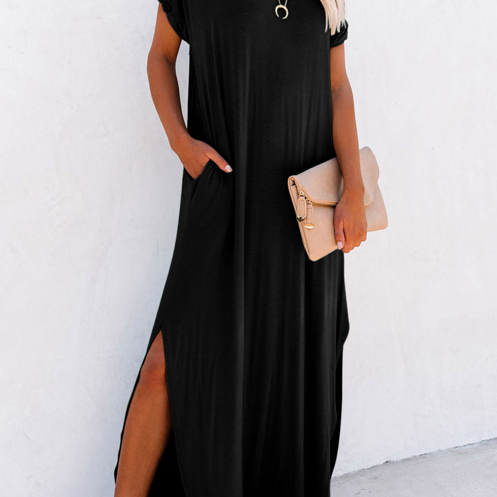 Black V Neck Hidden Pocket Splits Maxi T-shirt Dress