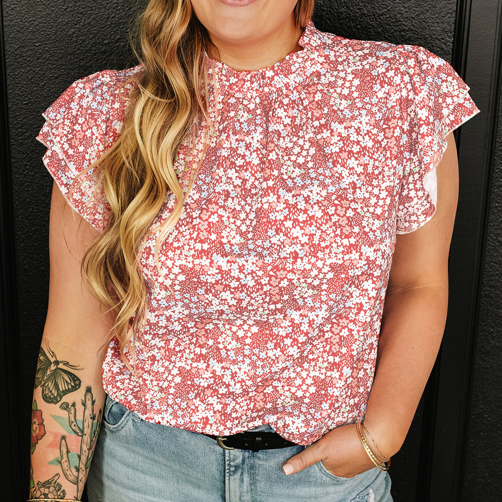 Pink Plus Size Floral Print Ruffled Sleeve Frilled Neck Blouse