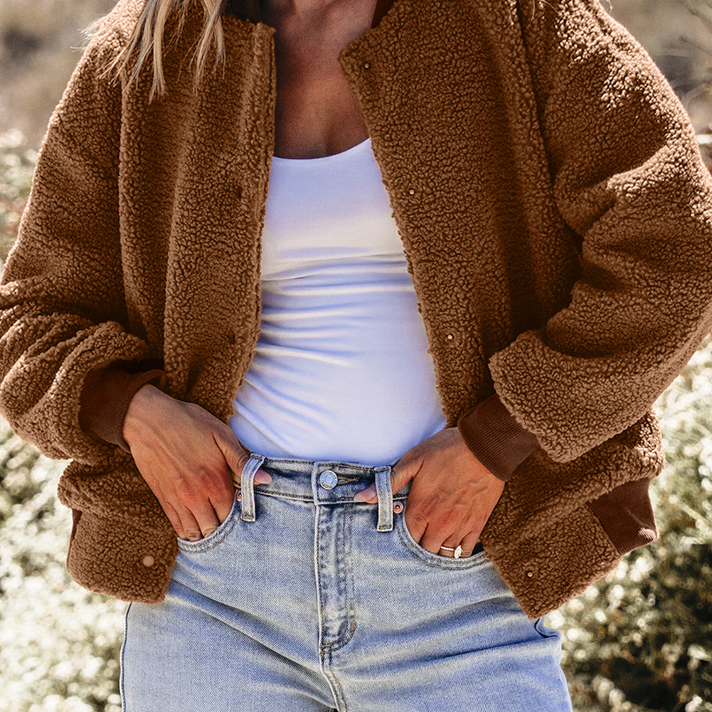 Redwood Burl Sherpa Ribbed Baseball Collar Bomber Jacket