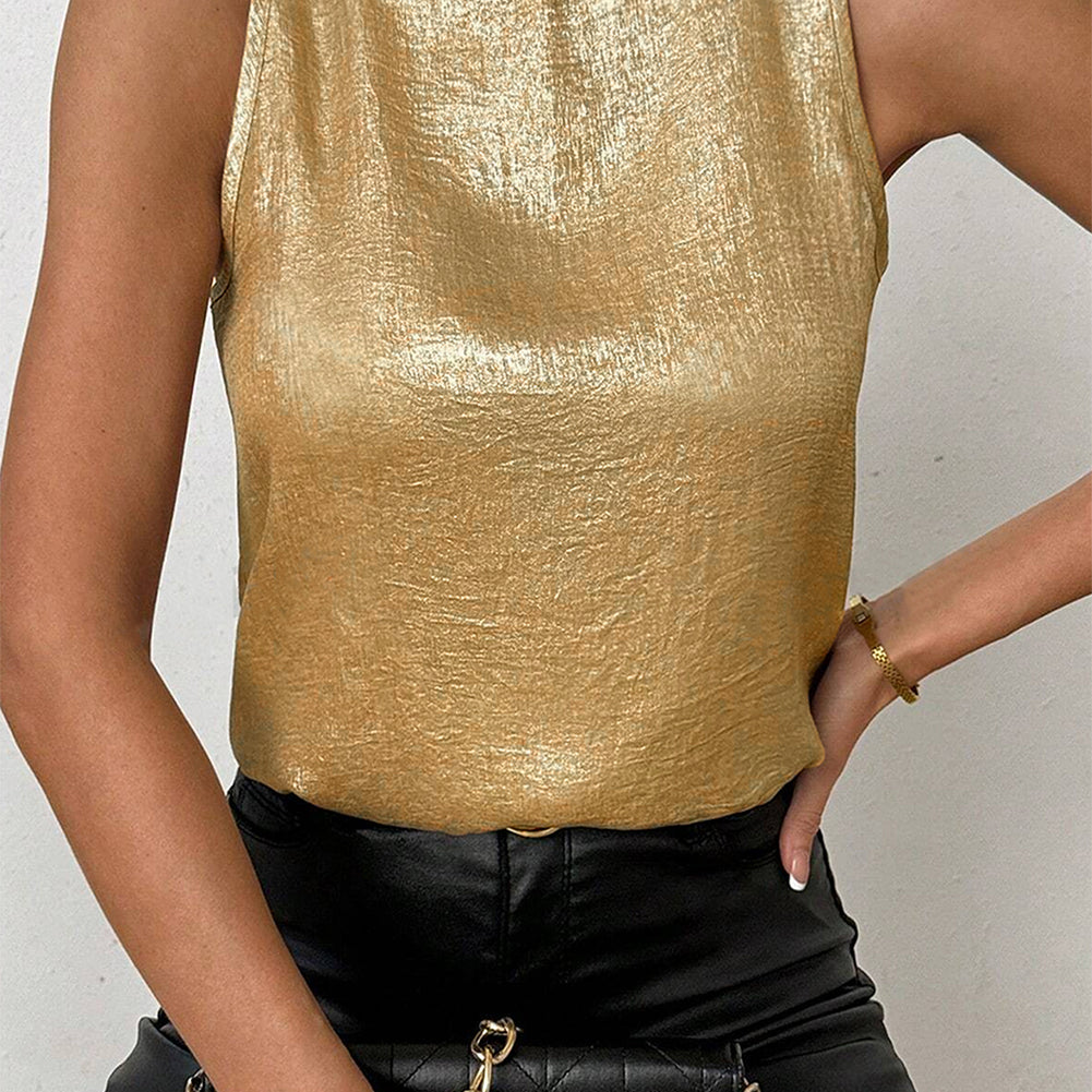 Gold Metal Textured Round Neck Casual Tank Top