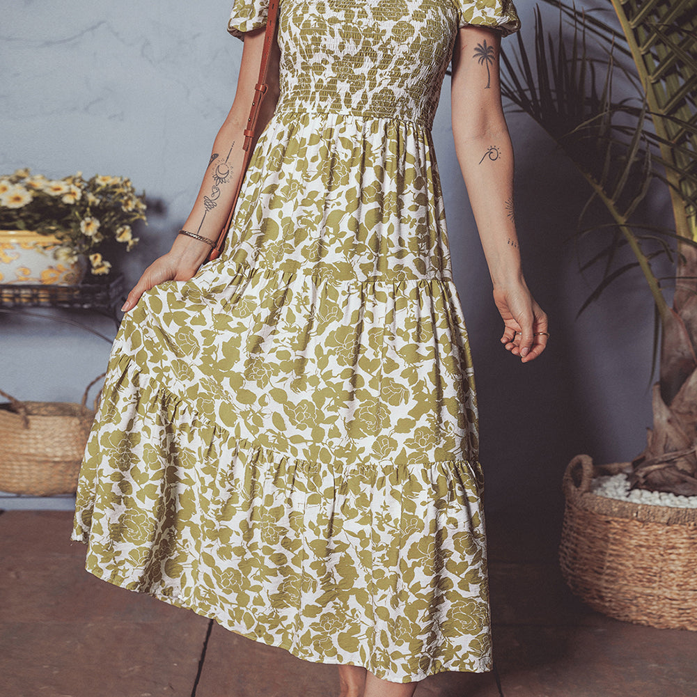 Yellow Boho Floral Square Neck Smocked Bust Puff Sleeve Tiered Long Dress