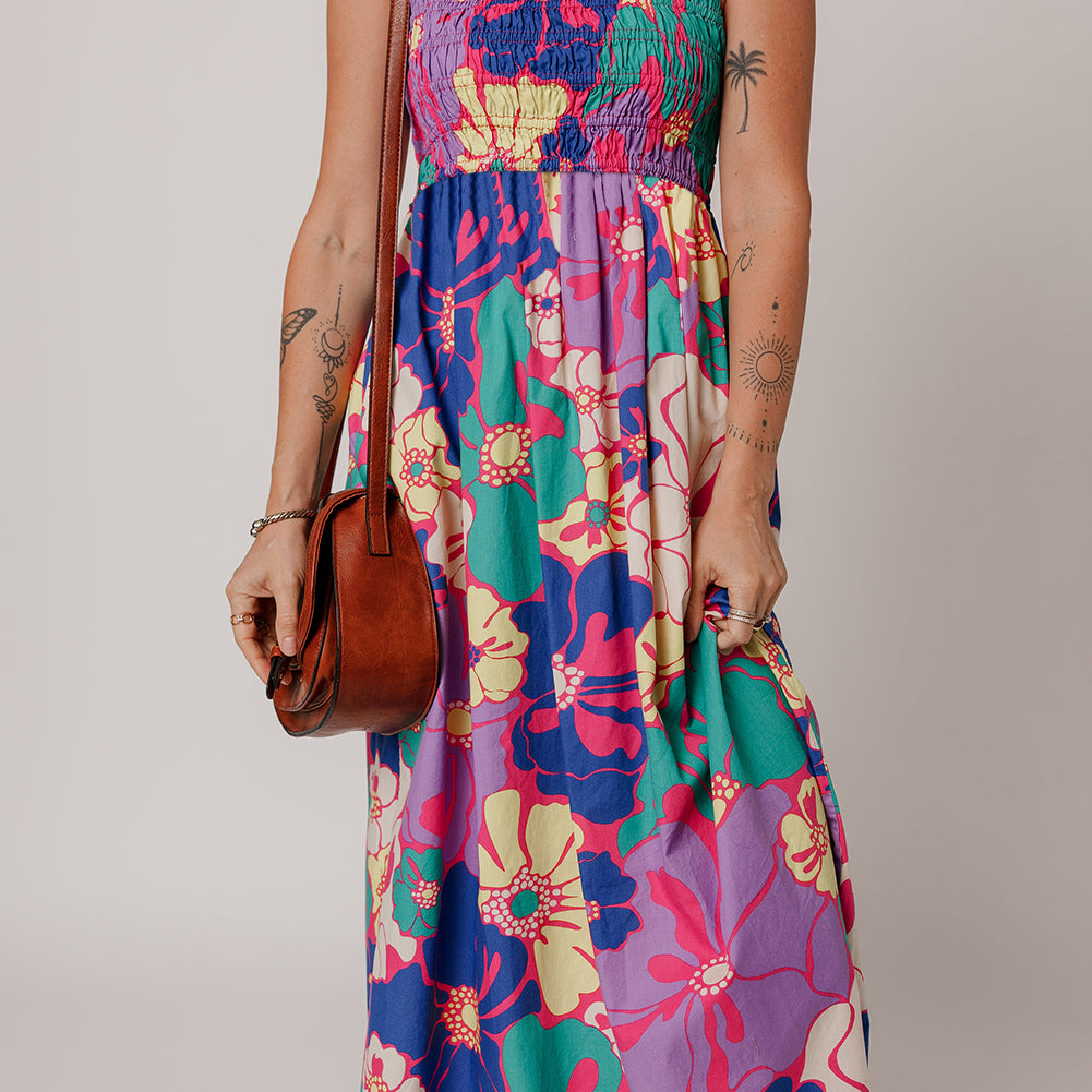 Purple Floral Print Shirred Spaghetti Strap Loose Maxi Dress