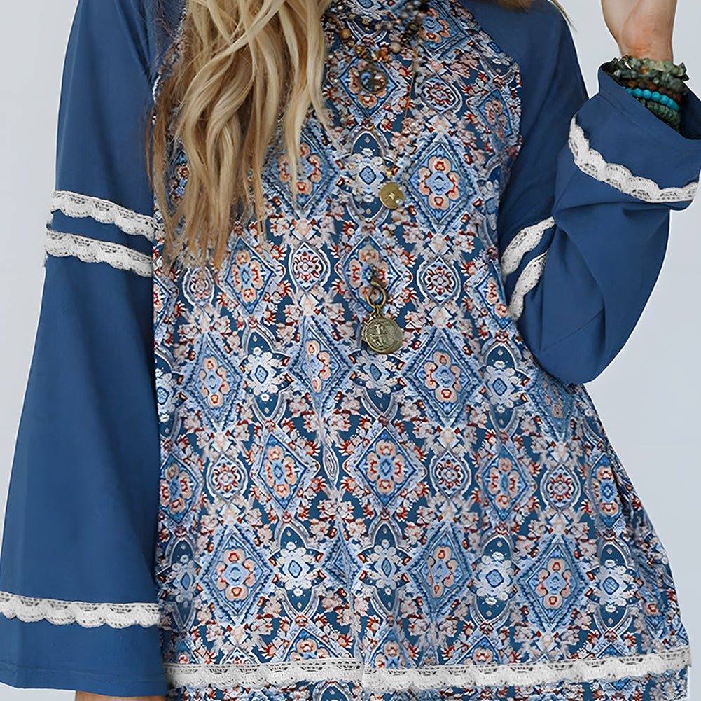Blue Geometric Printed Lace Patchwork Ric Rac Raglan Long Sleeve Top