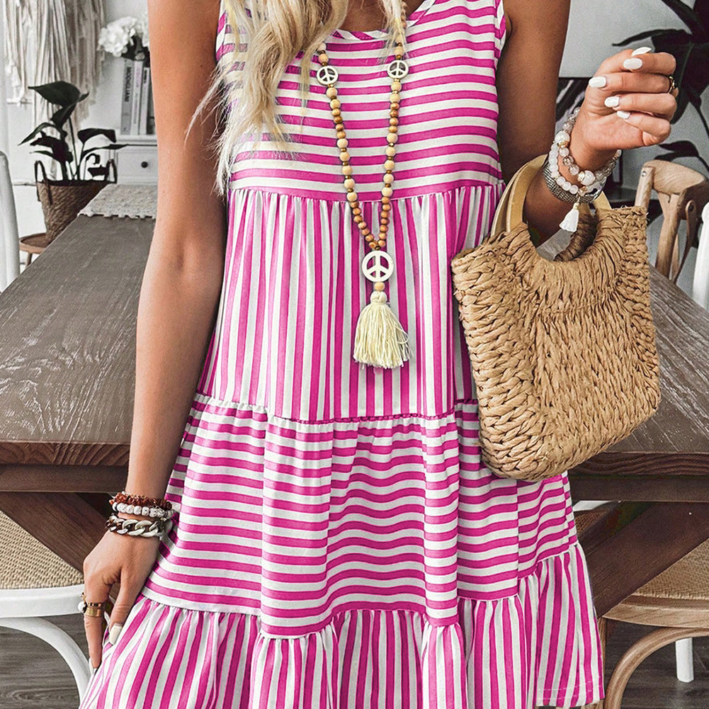 Rose Stripe U Neck Sleeveless Loose Fit Mini Dress