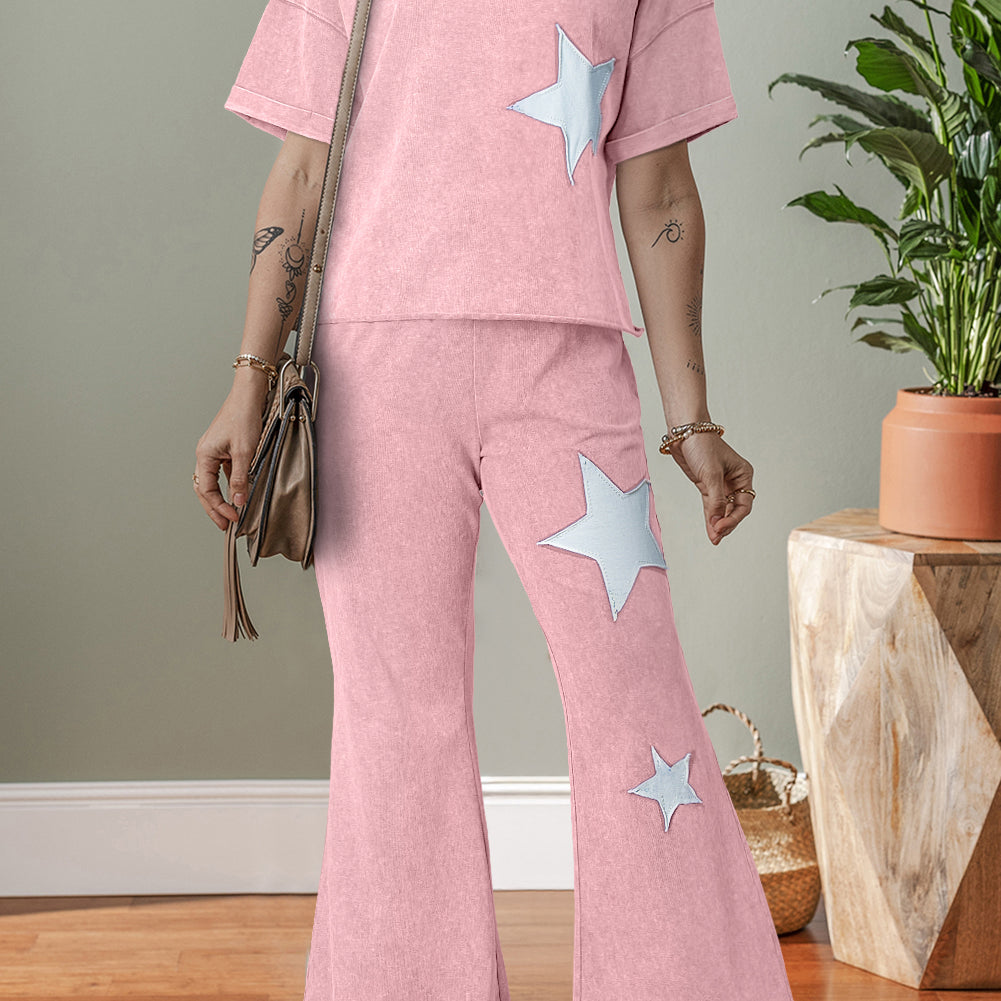 Light Pink Acid Wash Star Patched Rolled Trim Pants Set