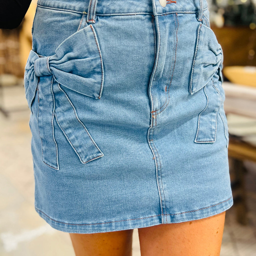 Dusk Blue Acid Wash Bowknot Details High Waist Denim Skirt