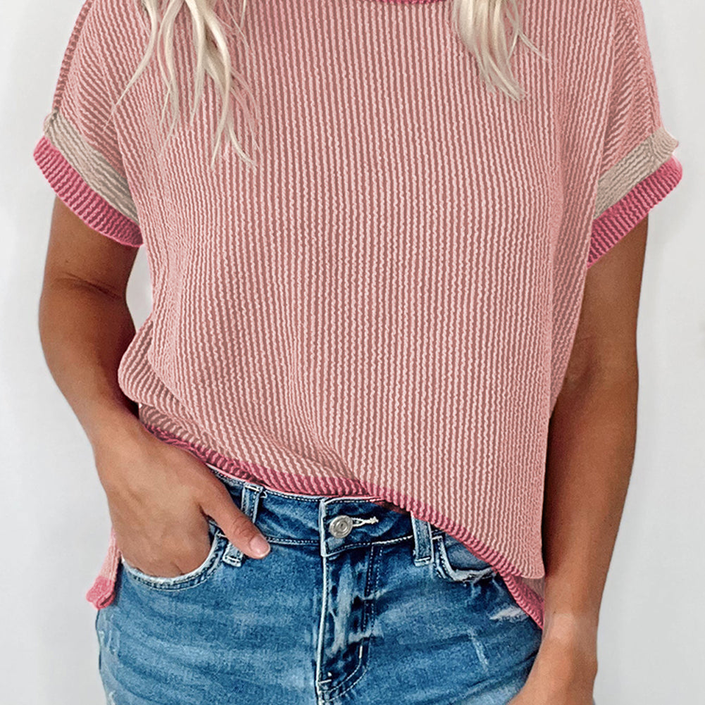 Bright Pink Textured Contrast Trim Round Neck T Shirt