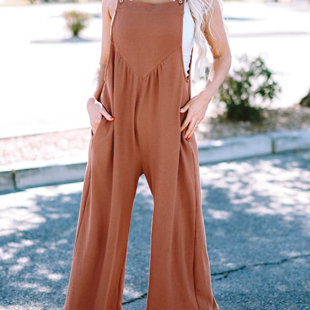Gold Flame Textured Buttoned Straps Ruched Wide Leg Jumpsuit
