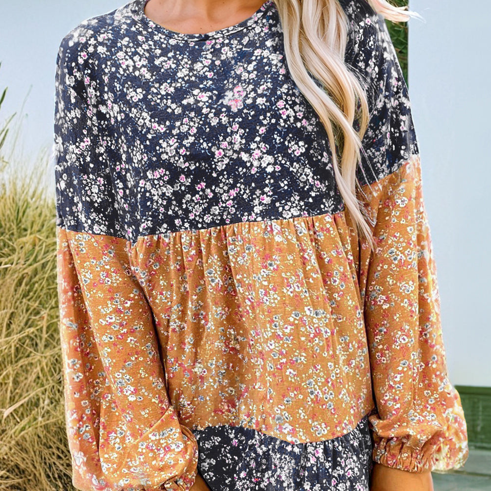 Orange Floral Color Block Patchwork Ruffled Hem Round Neck Blouse