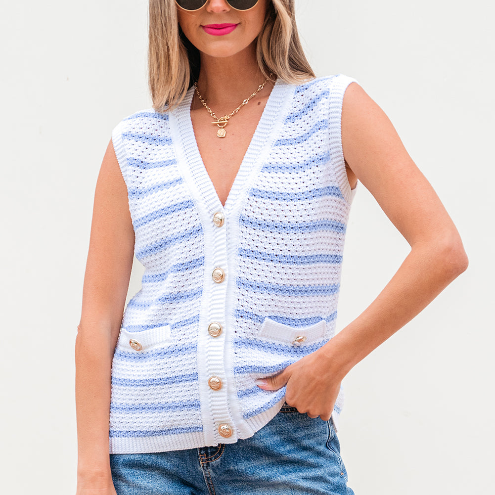 Pink Stripe V Neck Gold Buttons Elegant Sweater Vest