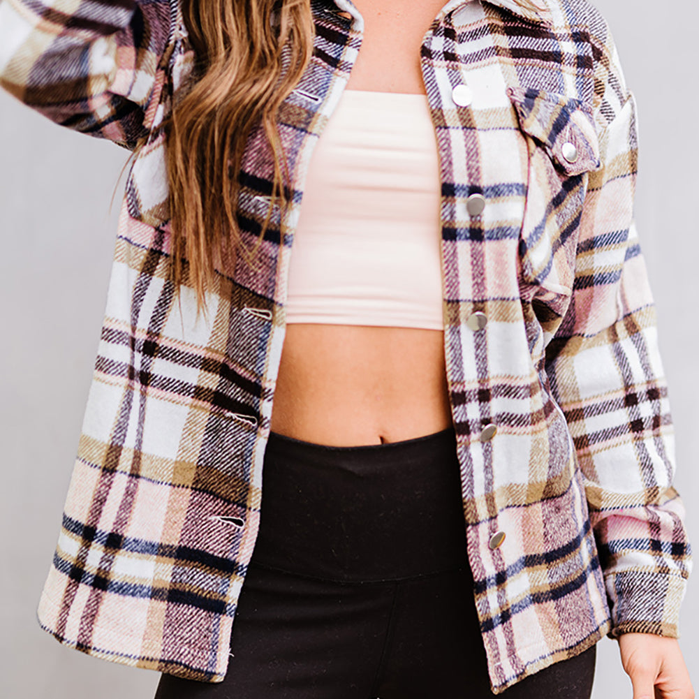 Fiery Red Geometric Plaid Print Pocketed Shacket