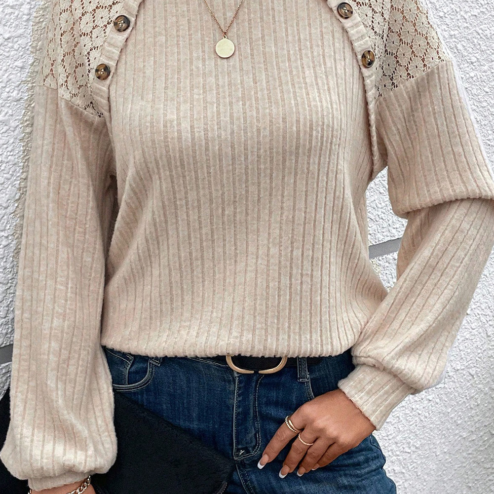 Parchment Contrast Lace Raglan Sleeve Buttoned Ribbed Top