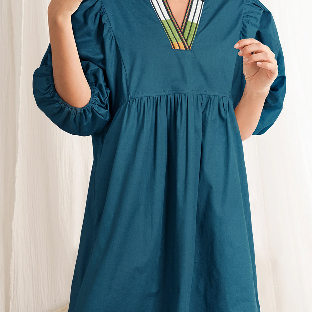 Blue Sapphire Colorblock Split V Neck Puff Sleeve Mini Dress