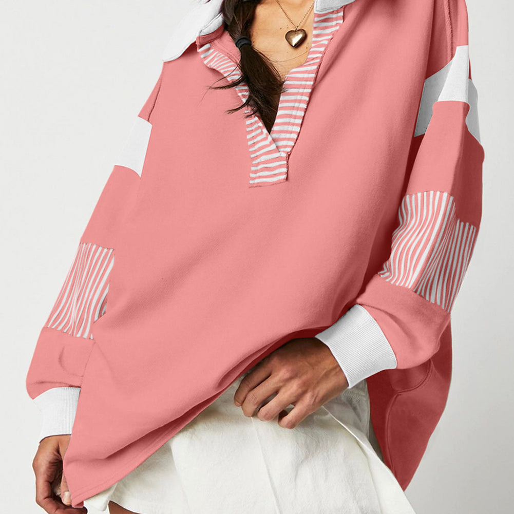 Black Striped Colorblock Patchwork Collar Sweatshirt