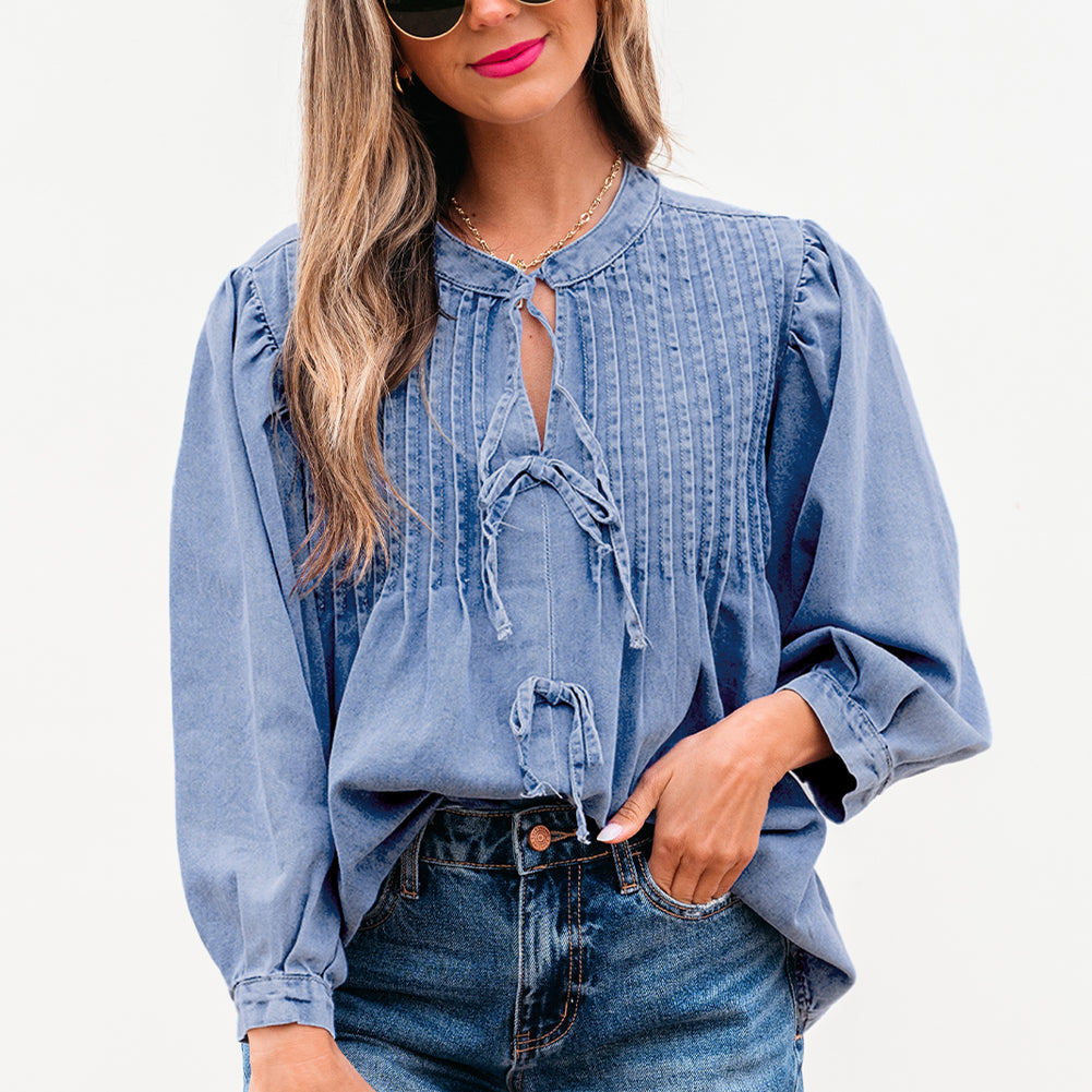 Myosotis Denim Front Pintuck Bow Tie Puff Sleeve Top