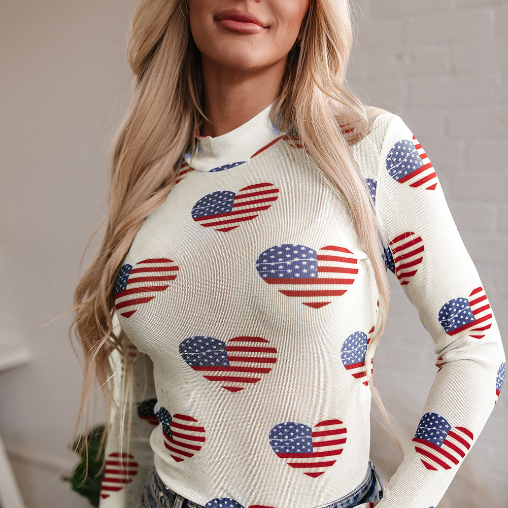 White Americana Glitter Mesh Long Sleeve Bodysuit