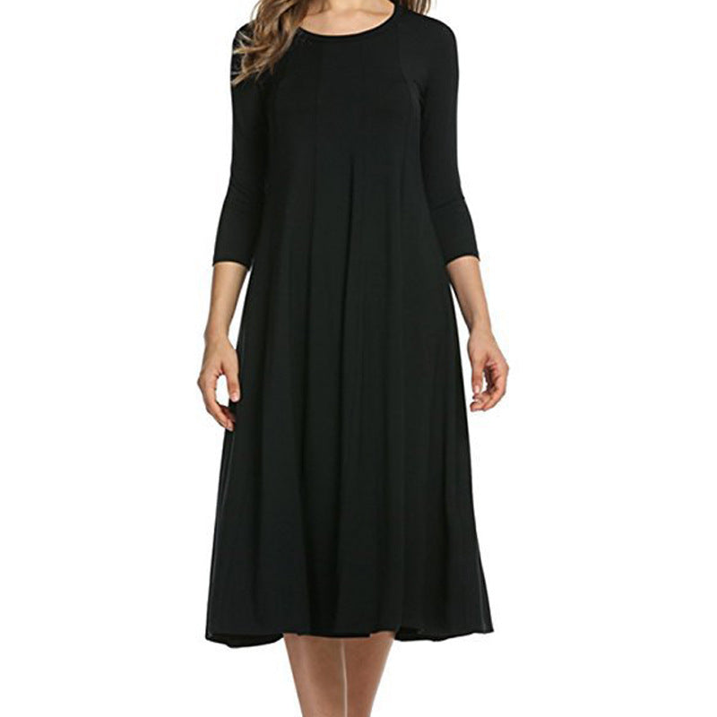 3/4 Sleeve Spring Crew neck Other Other Solid Polyester A-Line Dress Easy Care Knee Length Women