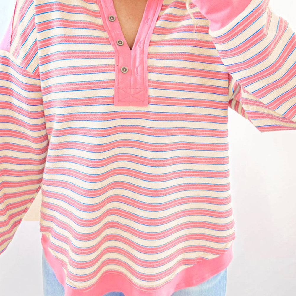 Pink Stripe Buttoned V Neck Collared Drop Shoulder Top